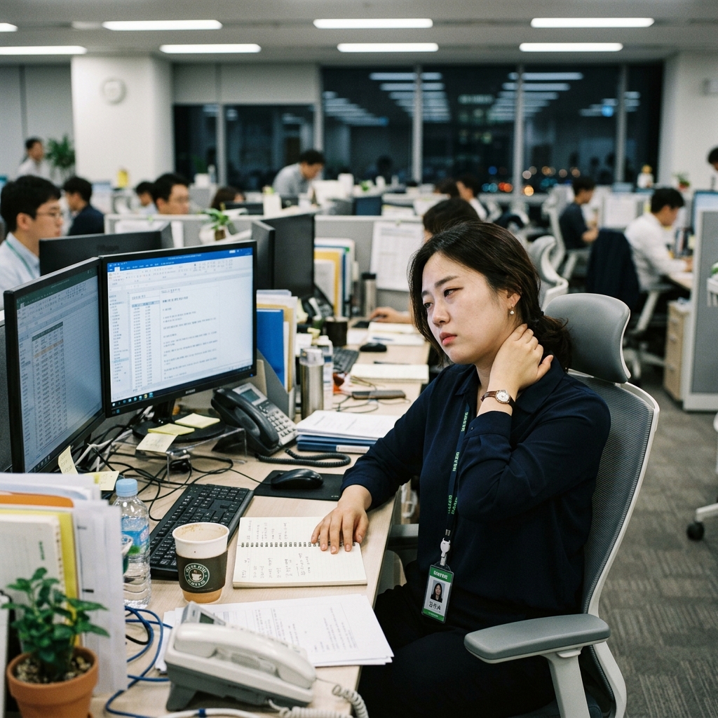 하루 8시간 앉아 있으면 생기는 일 — 거북목·허리통증 셀프 체크와 혈자리 지압 교정법